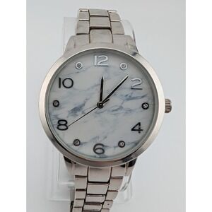 Women's Quartz Watch 38mm Case Faux Marble Dial 7" Silver Band- New Battery